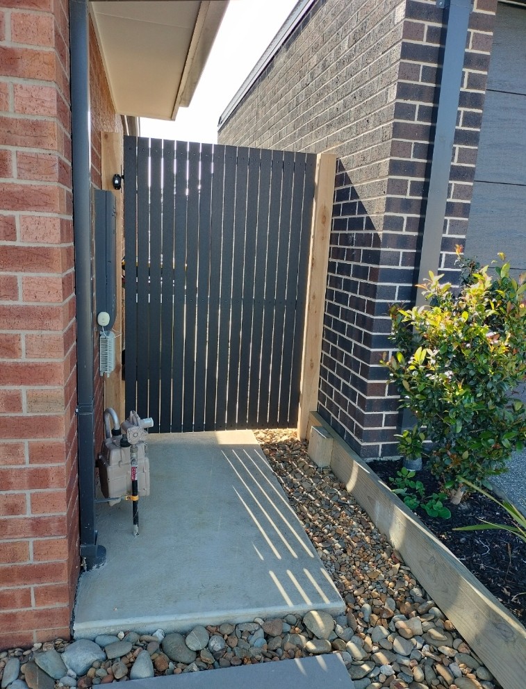 Custom charcoal vertical screening pedestrian gate with steel frame
